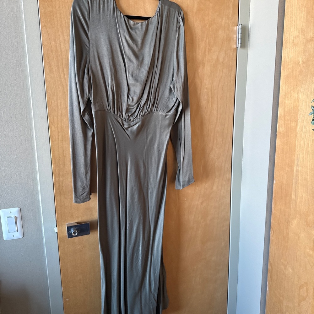 BHLDN Olive Green Midi Dress with V-Neck and Side Slit - Picture 6 of 7